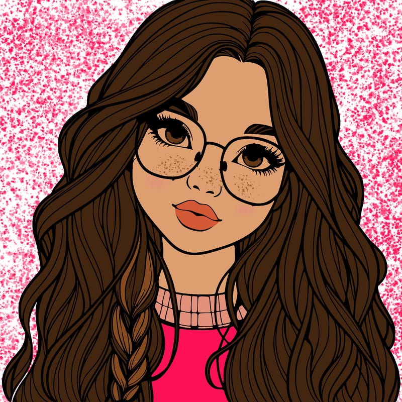 girl with long hair and freckles and glasses realistic