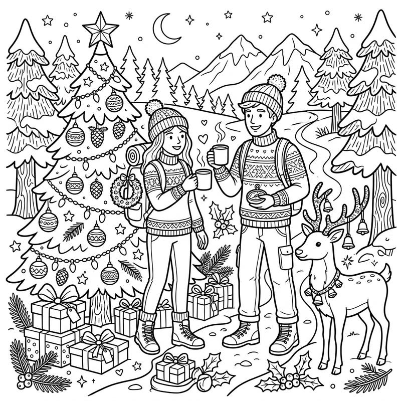 Join our spirited Adventure Duos as they celebrate Christmas amidst a serene winter wonderland. This enchanting coloring page captures the joy of the holidays and outdoor exploration, perfect for a cozy creative escape.