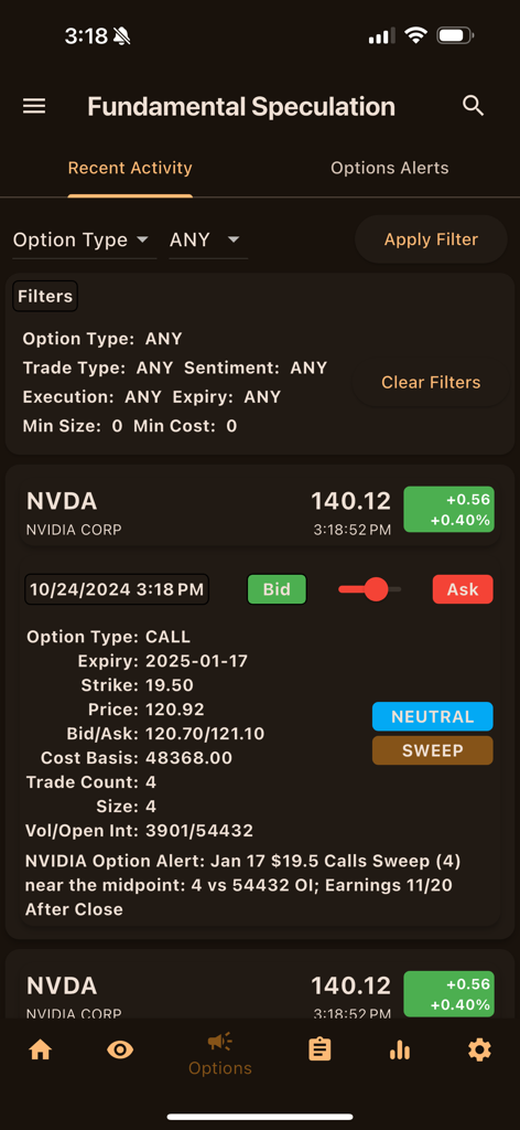 Interfaz de la aplicación FundSpec que muestra actividad inusual de opciones y alertas de barrido de llamadas para las acciones de NVIDIA.