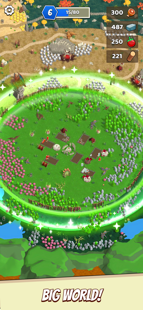 Dino King - Jurassic Hunt - Top down view of a prehistoric village and world map in Dino King Jurassic Hunt