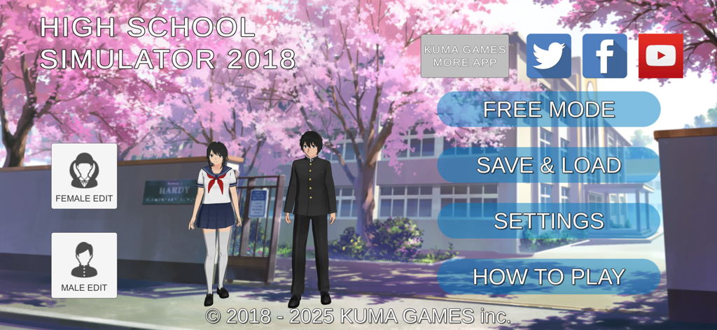 High School Simulator 2018 main menu showing male and female anime characters in a school setting with cherry blossoms