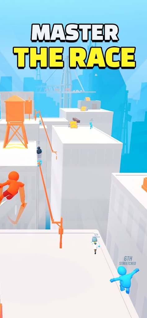 Parkour Race - Freerun Game - 스틱맨 캐릭터들이 '마스터 더 레이스' 텍스트와 함께 도시 옥상에서 경주하고 있습니다.