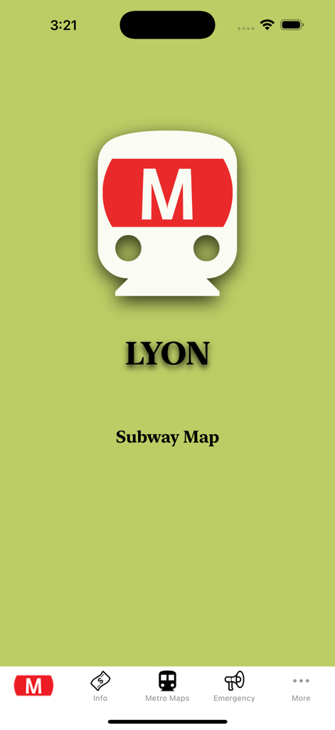 Lyon Subway Map - Écran de démarrage de l'application mobile Lyon Subway Map présentant le logo du métro et le menu de navigation