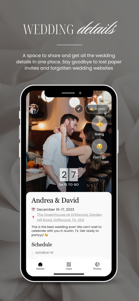 Guestlist Wedding App - Guestlist Wedding App interface displaying wedding event details and a countdown