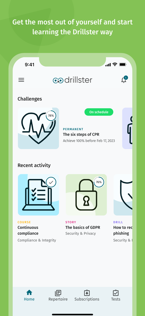 Drillster - Drillster App Startbildschirm mit Unternehmensschulungsmodulen und Lernfortschritt.