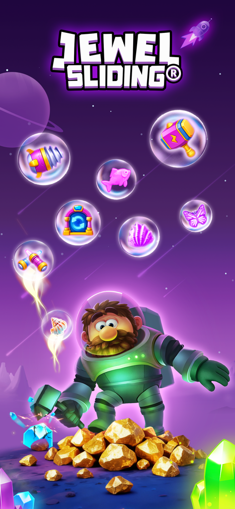 Cartoon astronaut standing on gold nuggets with floating gems in a space-themed puzzle game menu.