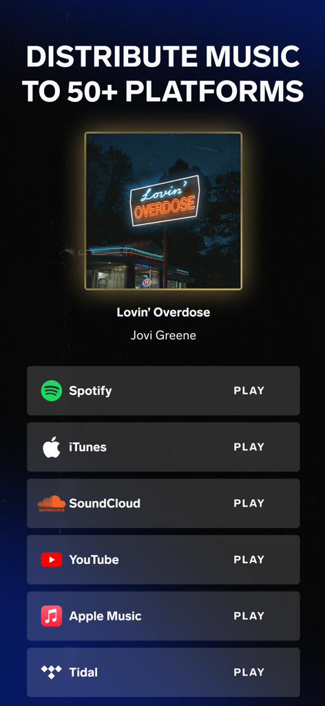 UnitedMasters: Release Music - Interface de l'application UnitedMasters montrant une sortie musicale distribuée sur plusieurs plateformes de streaming, y compris Spotify et YouTube
