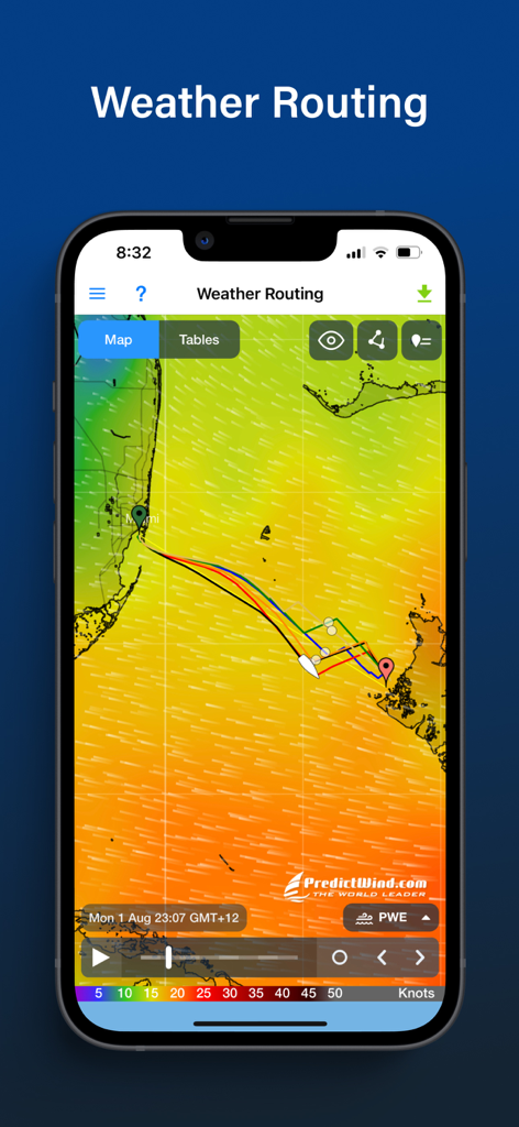Interfaz de la aplicación PredictWind Offshore que muestra rutas meteorológicas y mapas de pronóstico de viento para navegación marítima
