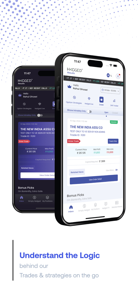 Hedged - Screenshot of Hedged mobile app showing trading strategies and investment logic interface on an iPhone.