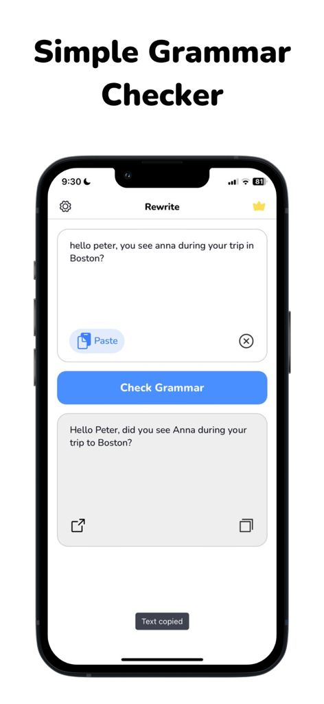 Rewrite: Sentence Corrector - Una interfaz móvil de la aplicación Rewrite que muestra un ejemplo de corrección gramatical para una frase sobre un viaje a Boston.