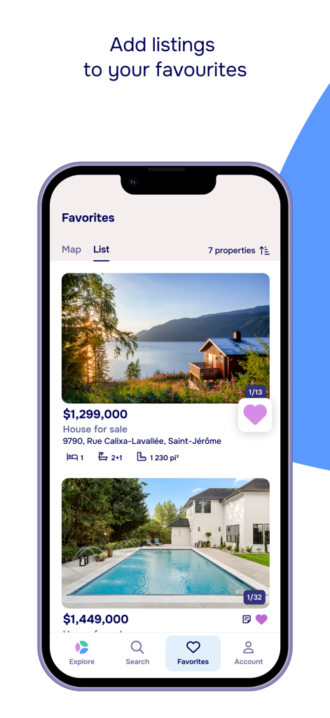 Screenshot of the Centris.ca app showing a list of favorite real estate listings with property photos and prices.