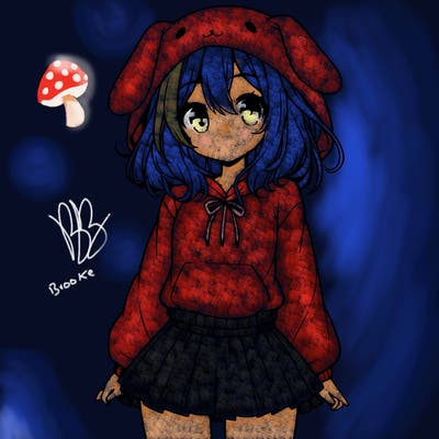 pretty anime girl wearing a fluffy hoodie with bunny ears on the hood and a skirt