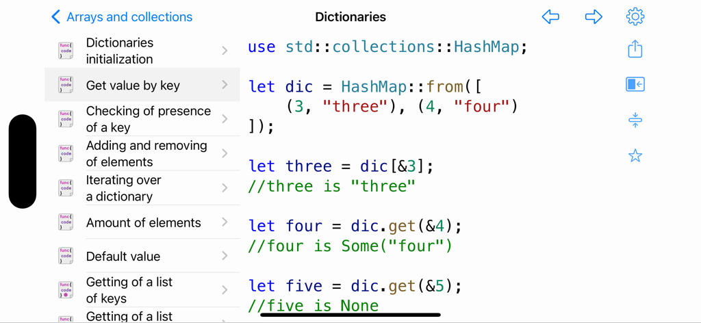 Rust Recipes - Rust Recipes app showing a code example for retrieving values from a HashMap dictionary.