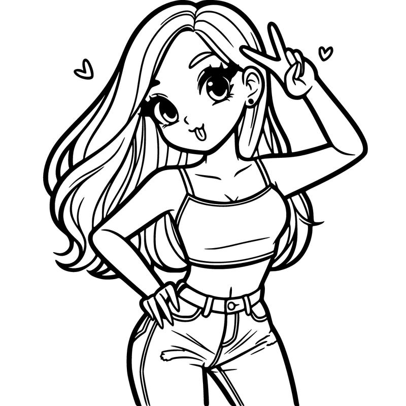 a tall girl in crop top and jeans doing✌️