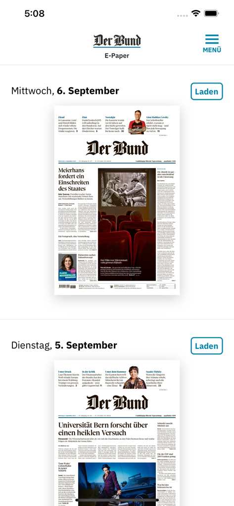 Interface of the Der Bund E-Paper app displaying daily newspaper editions with download options
