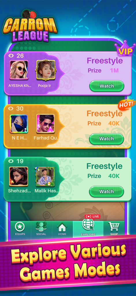 Interface of Carrom League showing multiple game modes and live matches to join or watch