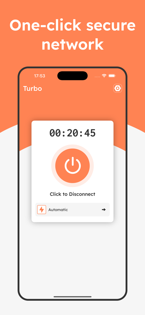 VPN - Super Turbo VPN Proxy - Smartphone screen showing the Super Turbo VPN app connected with a one-click interface