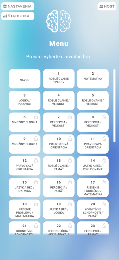 Mind-Fit - Menu principale dell'app Mind-Fit che mostra una griglia di giochi e esercizi di screening cognitivo