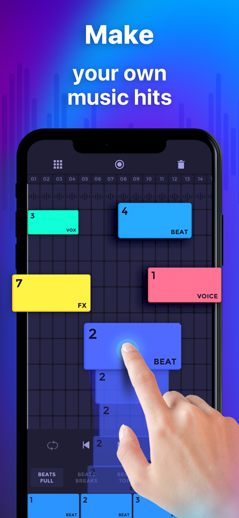 Beat Layers: Music, Beat Maker - Smartphone interface of the Beat Layers app showing a person creating music hits by dragging and dropping colorful loops