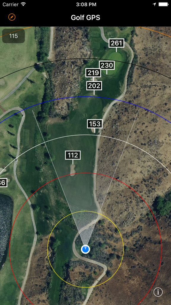 Golf GPS - 色付きの距離サークルとヤードマーカーが表示されたゴルフコースの衛星地図を表示するゴルフGPSアプリ。