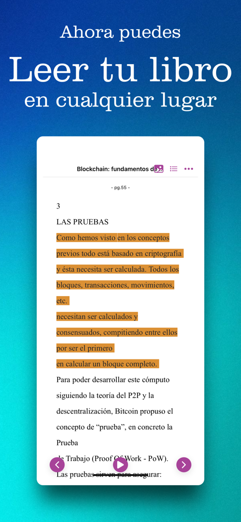 Lector eLibro - Mobile screen showing the Lector eLibro app interface with highlighted Spanish text from an academic book about Blockchain.