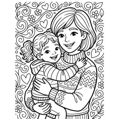 Capture the essence of family love with this delightful coloring page featuring a parent tenderly embracing their child. It's a beautiful way to celebrate special bonds and enjoy creative time together.