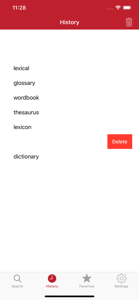 Search history view in the Tureng Dictionary app showing a list of recently searched English words and a delete option.