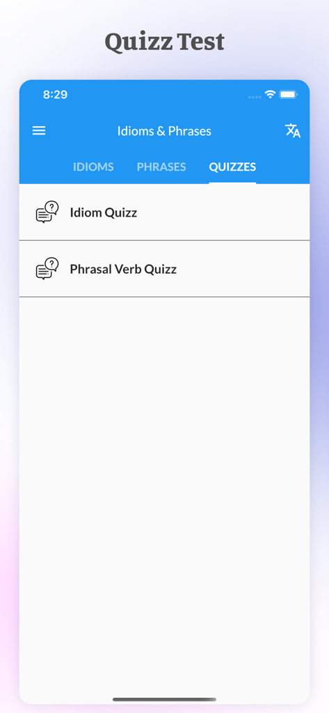 Best English Idioms & Phrases - Menübildschirm für Quizfragen zu englischen Redewendungen und Phrasal Verbs