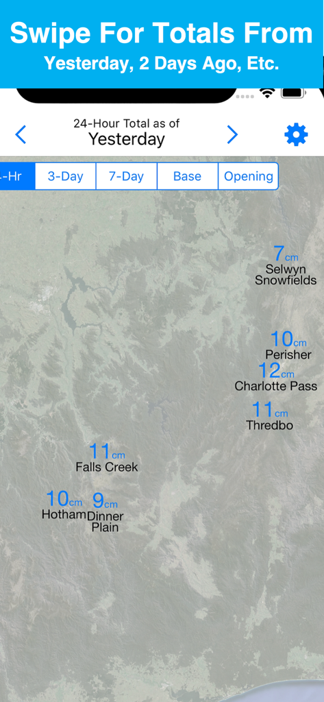 Australia Snow Map & Webcams - Map of Australian ski resorts showing 24-hour snowfall totals for yesterday.