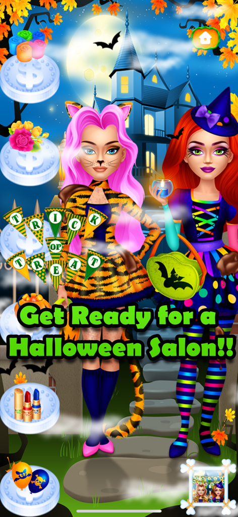 Halloween Makeover Simulator - Two girls in Halloween costumes including a tiger outfit and a witch hat in front of a haunted house.