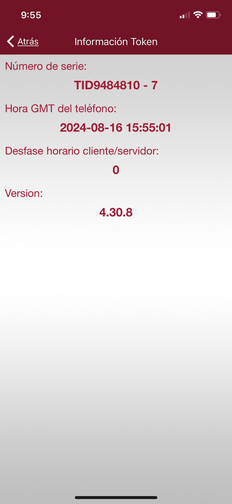 INVEX KEY - INVEX KEY app screen displaying token serial number and system time synchronization information