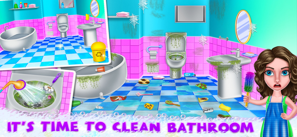Messy House Cleaning Games - Uma personagem limpando um banheiro sujo com um espanador em um jogo infantil.