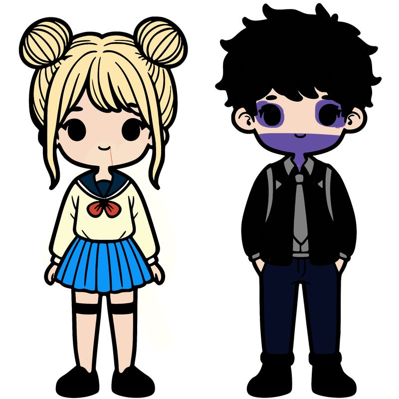 girl in a school outfit with buns standing next to a boy in a school outfit with messy hair