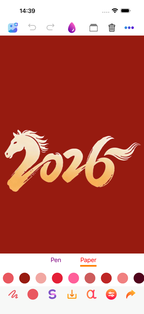 Draw Editor - Drawing On Pics - Dessin créatif d'un cheval 2026 sur une toile rouge dans l'interface de l'application Draw Editor