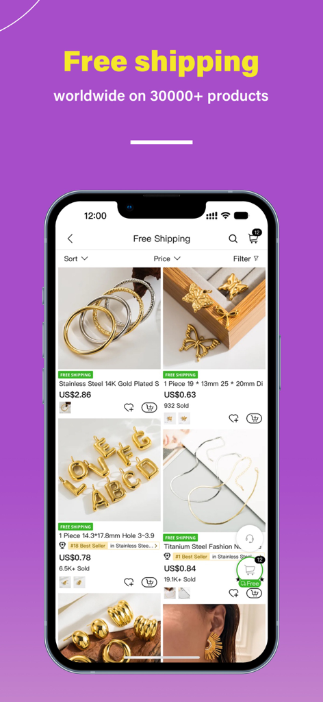 Mobile app interface of Nihaojewelry showing various jewelry items with free shipping and wholesale prices.