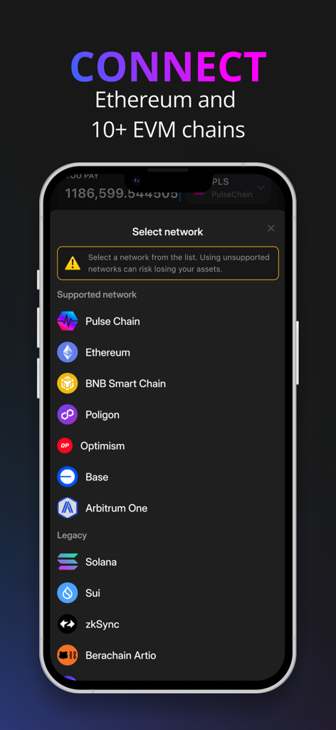 Interface Pulse Wallet montrant une liste de réseaux blockchain pris en charge, y compris Ethereum, PulseChain et Solana