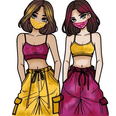 two girls with crop top with baggy pants