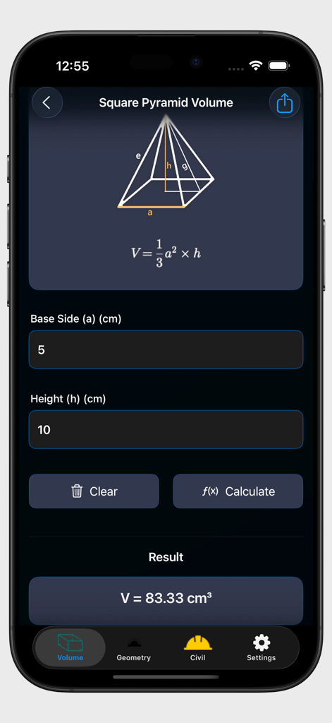 Volume Calculator 3D - Interface of Volume Calculator 3D app showing a square pyramid volume calculation with formula and result