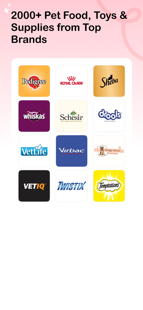 Selection of top pet food and supply brands available in the Vetic app