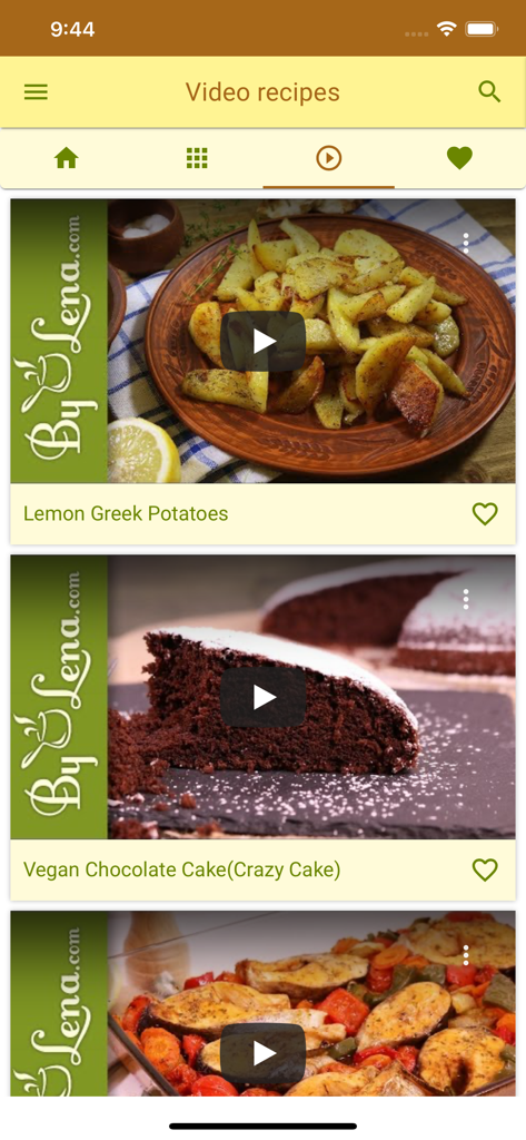 LaLena app screen showing video recipes for Lemon Greek Potatoes and Vegan Chocolate Cake