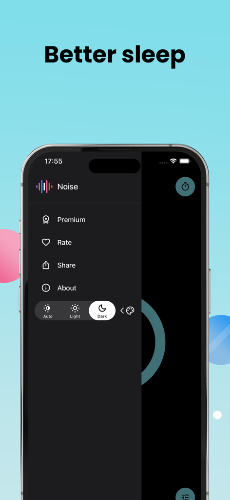 Noise: Green, Brown, White - Captura de pantalla del iPhone del menú de la aplicación Ruido que muestra la configuración para el modo oscuro y un mejor sueño.