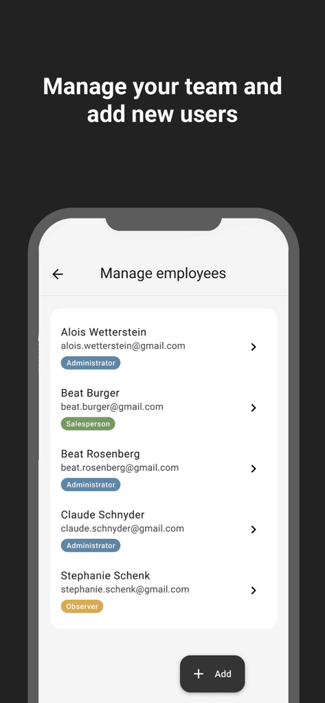 TWINT Business Portal - Oberfläche zur Verwaltung von Teammitgliedern und Zuweisung von Rollen in der TWINT Business Portal App