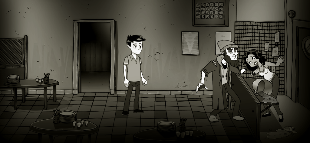 Escena dibujada a mano en blanco y negro del juego Désiré que muestra al protagonista y personajes en una cafetería oscura.