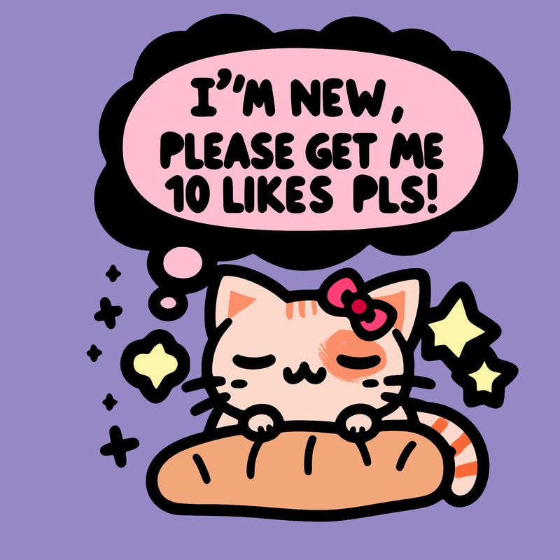 kitty taking a nap dream talking and saying "i'm new, please get me at least 10 likes pls!!"