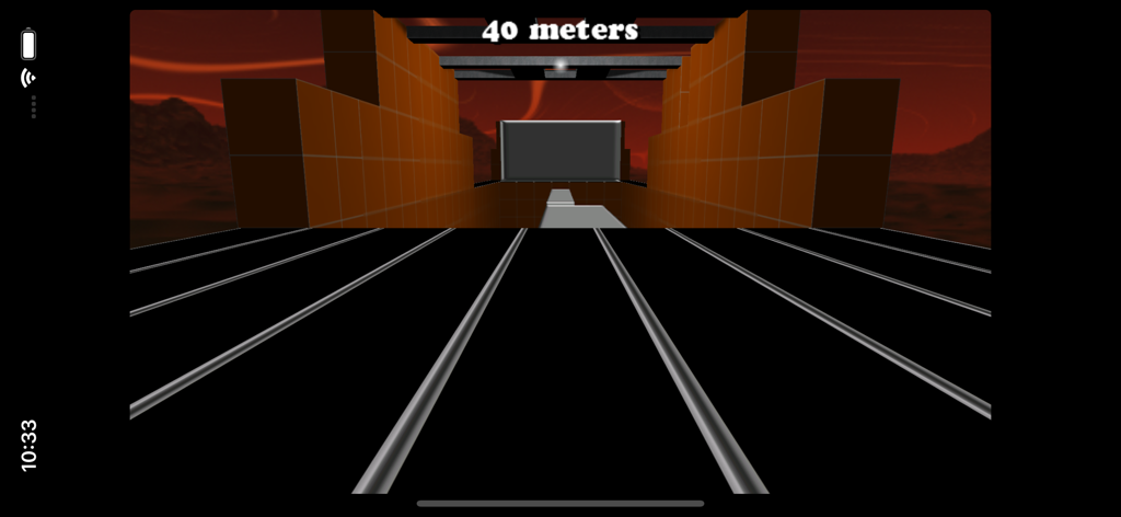 Cyberrunner - First person perspective of Cyberrunner gameplay in a 3D cyberspace environment with obstacles and distance tracker