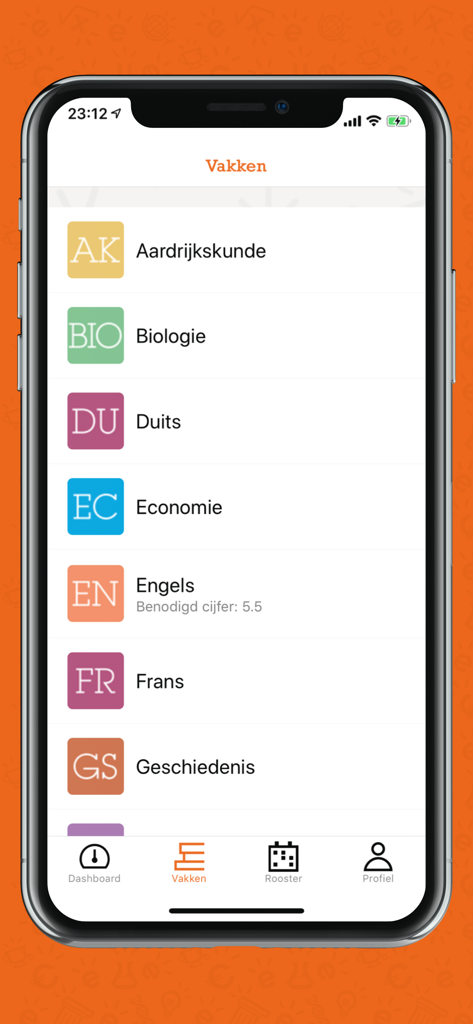 Examenoverzicht - Mobile screen of the Examenoverzicht app showing a list of school subjects for exam preparation