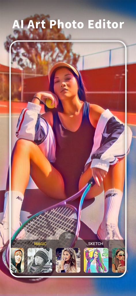 Interfaz de la app ArtistA mostrando un retrato con un filtro de arte IA aplicado.