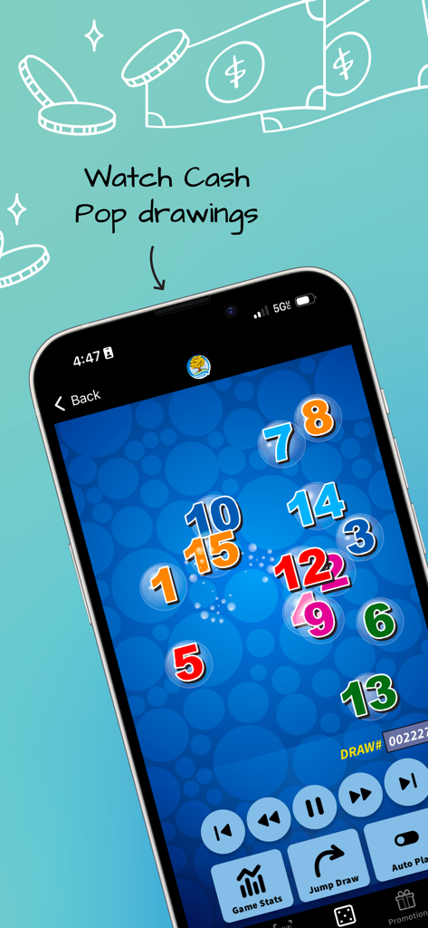 Michigan Lottery Mobile app interface showing live Cash Pop drawings with numbered bubbles and game controls