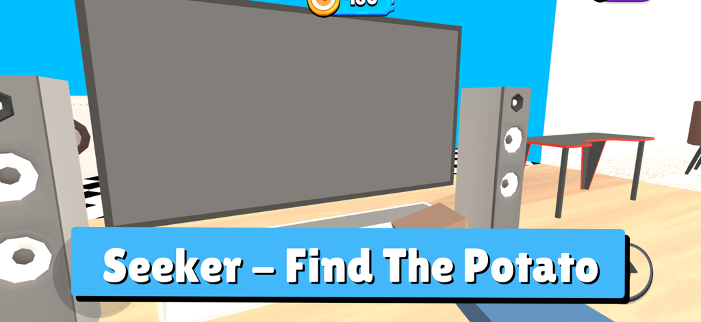 First person view of the seeker mode in Wheres Potato showing a living room with a TV and speakers