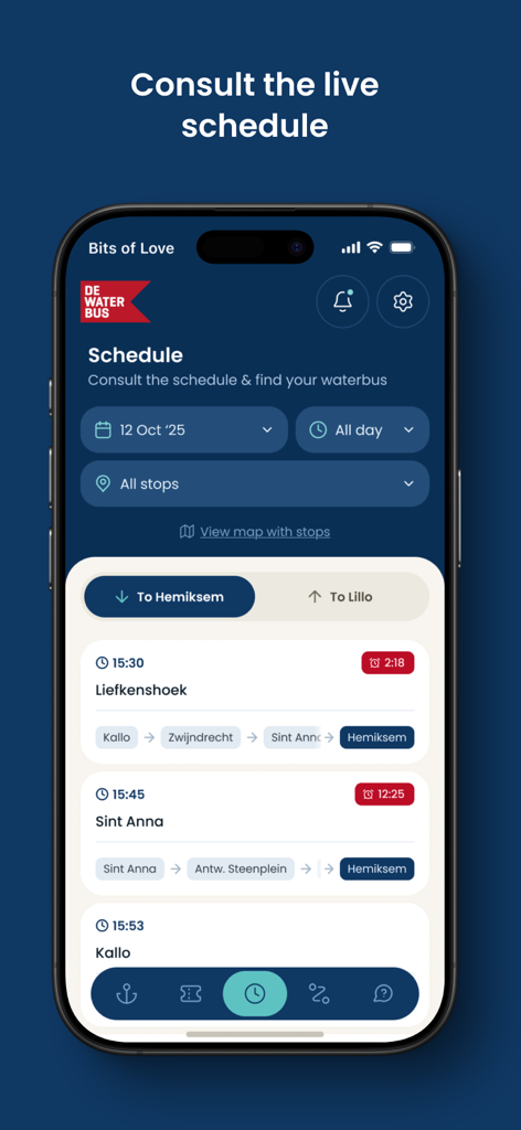 DeWaterbus - DeWaterbusモバイルアプリのライブフェリー時刻表および出発時刻表示インターフェース
